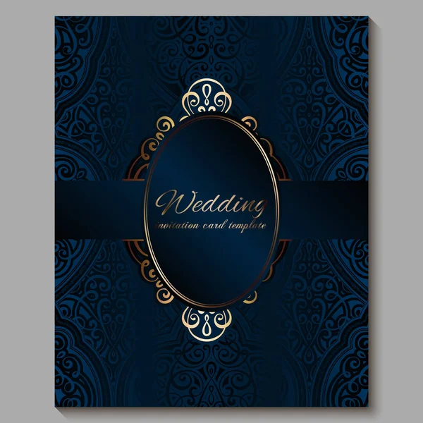 Svatební přání se zlatým lesklým východním a barokním bohatým listím. Královská modrá zdobená islámská minulost pro váš design. Islám, arabština, Indián, Dubaj. — Stockový vektor