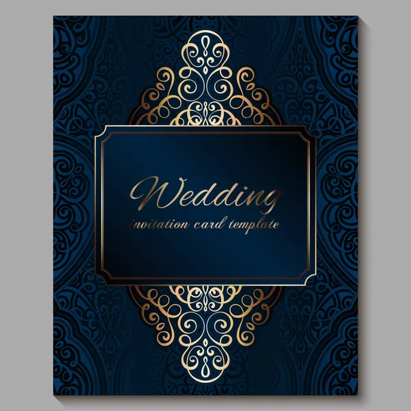 Altın parlak Doğu ve Barok zengin yeşillik ile düğün davetiye kartı. Tasarım için kraliyet mavisi süslü İslami arka plan. Islam, Arapça, Hint, Dubai. — Stok Vektör