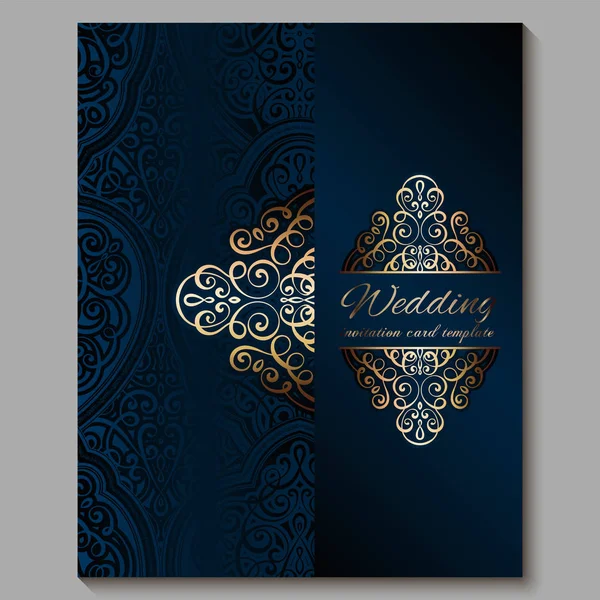 Cartão de convite de casamento com ouro brilhante oriental e barroco rica folhagem. Azul Royal Ornate fundo islâmico para o seu projeto. Islã, árabe, indiano, Dubai . — Vetor de Stock