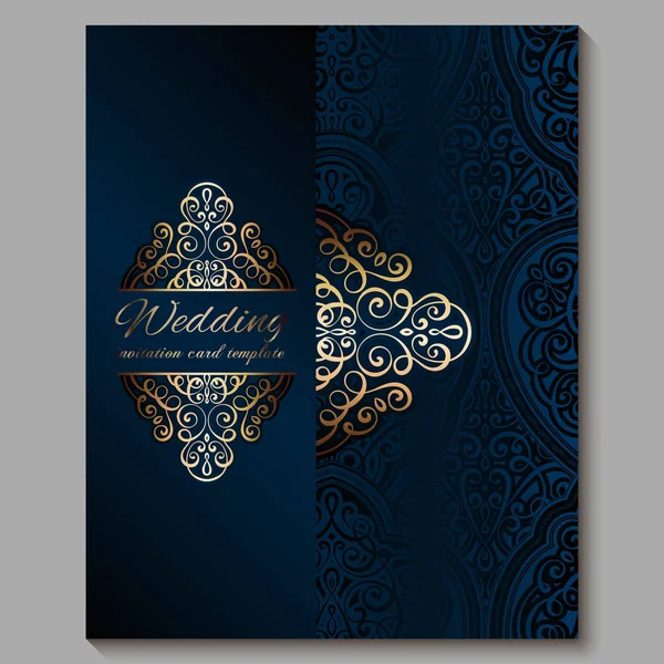 Biglietto d'invito di nozze con oro lucido orientale e ricco fogliame barocco. Royal blu Ornate sfondo islamico per il vostro disegno. Islam, Arabo, Indiano, Dubai . — Vettoriale Stock