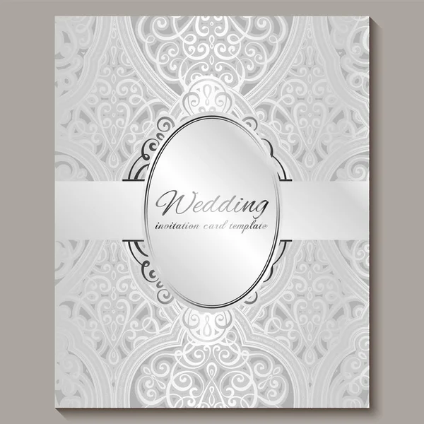 Tarjeta de invitación de boda con follaje rico en plata brillante oriental y barroco. Fondo islámico intrincado adornado para su diseño. Islam, árabe, indio, Dubai . — Vector de stock