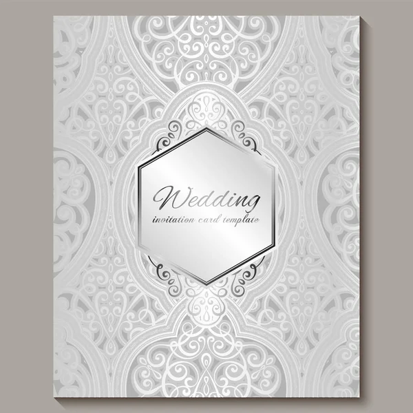 Cartão de convite de casamento com prata brilhante oriental e barroco rica folhagem. Intricate Ornate fundo islâmico para o seu projeto. Islã, árabe, indiano, Dubai . —  Vetores de Stock