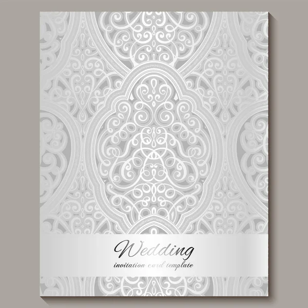 Wedding invitation card with silver shiny eastern and baroque rich foliage. Intricate Ornate islamic background for your design. Islam, Arabic, Indian, Dubai. — Stock Vector