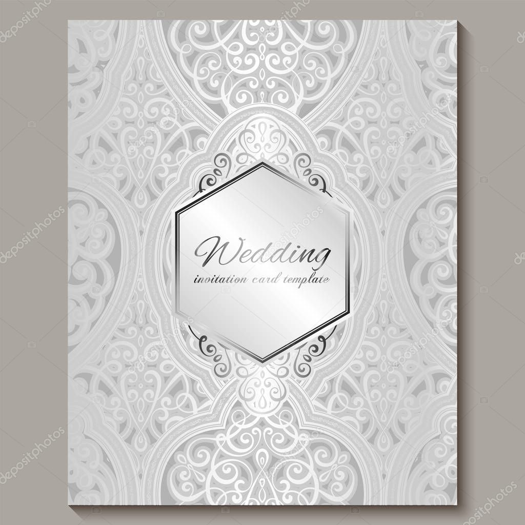 Wedding invitation card with silver shiny eastern and baroque rich foliage. Intricate Ornate islamic background for your design. Islam, Arabic, Indian, Dubai.