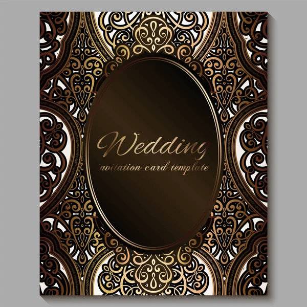 Bruiloft uitnodigingskaart met goud glanzend Oosterse en barokke rijke loof. Koninklijke bronzen sierlijke islamitische achtergrond voor uw ontwerp. Islam, Arabisch, Indisch, Dubai. — Stockvector