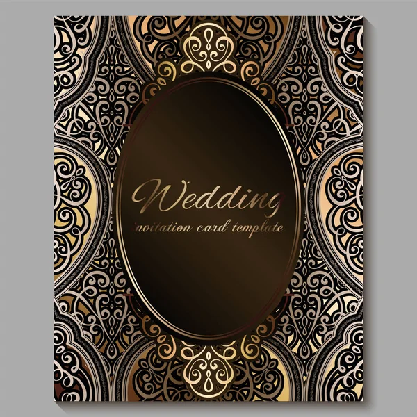 Altın parlak doğu ve barok zengin yaprakları ile Düğün davetiye kartı. Tasarım için Kraliyet bronz Süslü İslami arka plan. İslam, Arapça, Hint, Dubai. — Stok Vektör