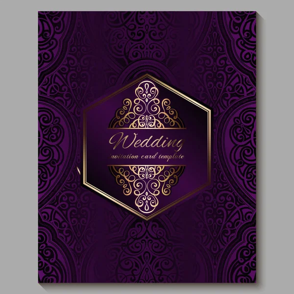 Cartão de convite de casamento com ouro brilhante oriental e barroco rica folhagem. Royal roxo Ornate fundo islâmico para o seu projeto. Islã, árabe, indiano, Dubai . — Vetor de Stock