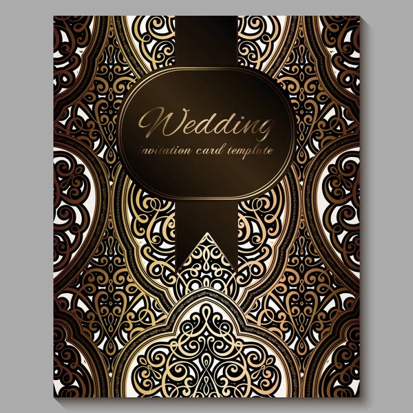 Tarjeta de invitación de boda con oro brillante follaje rico oriental y barroco. Fondo islámico adornado de bronce real para su diseño. Islam, árabe, indio, Dubai . — Vector de stock