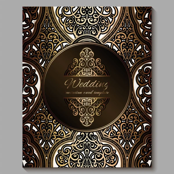 Tarjeta de invitación de boda con oro brillante follaje rico oriental y barroco. Fondo islámico adornado de bronce real para su diseño. Islam, árabe, indio, Dubai . — Vector de stock