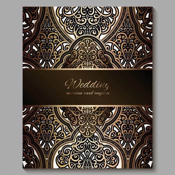Cartão de convite de casamento com ouro brilhante oriental e barroco rica folhagem. Bronze real Ornate fundo islâmico para o seu projeto. Islã, árabe, indiano, Dubai . — Vetor de Stock