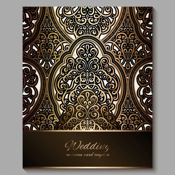 Hochzeitseinladungskarte mit goldglänzendem orientalischem und barockem Blattwerk. königliche Bronze verziert islamischen Hintergrund für Ihr Design. Islam, Arabisch, Indisch, Dubai. — Stockvektor