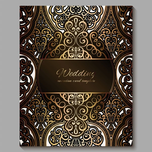 Biglietto d'invito di nozze con oro lucido orientale e ricco fogliame barocco. Royal bronzo Ornate sfondo islamico per il vostro disegno. Islam, Arabo, Indiano, Dubai . — Vettoriale Stock