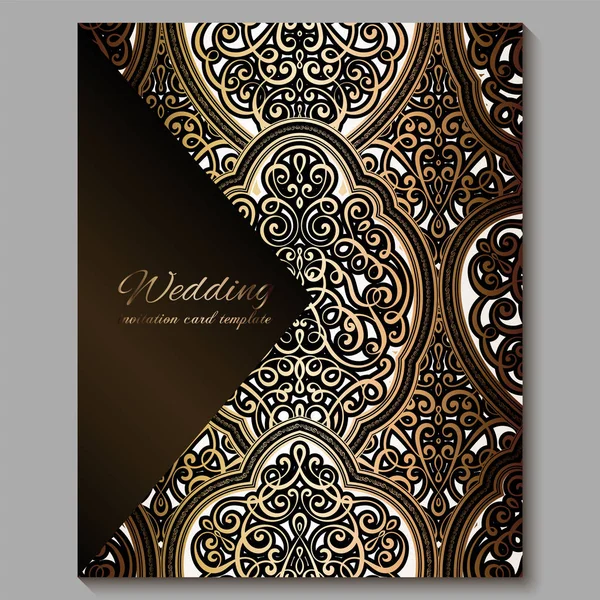 Tarjeta de invitación de boda con oro brillante follaje rico oriental y barroco. Fondo islámico adornado de bronce real para su diseño. Islam, árabe, indio, Dubai . — Vector de stock