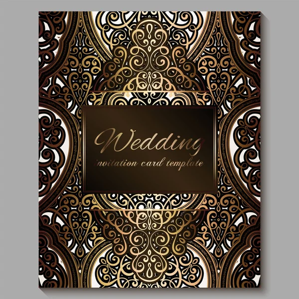 Wedding invitation card with gold shiny eastern and baroque rich foliage. Royal bronze Ornate islamic background for your design. Islam, Arabic, Indian, Dubai. — Stock Vector