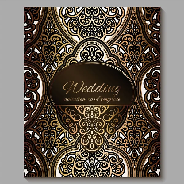 Tarjeta de invitación de boda con oro brillante follaje rico oriental y barroco. Fondo islámico adornado de bronce real para su diseño. Islam, árabe, indio, Dubai . — Vector de stock