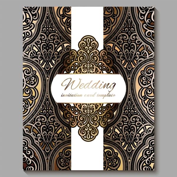 Γαμήλια πρόσκληση με χρυσό γυαλιστερό ανατολικό και μπαρόκ πλούσιο φύλλωμα. Βασιλικό χάλκινο περίτεχνα ισλαμική φόντο για το σχέδιό σας. Ισλάμ, Αραβικός, Ινδός, Ντουμπάι. — Διανυσματικό Αρχείο