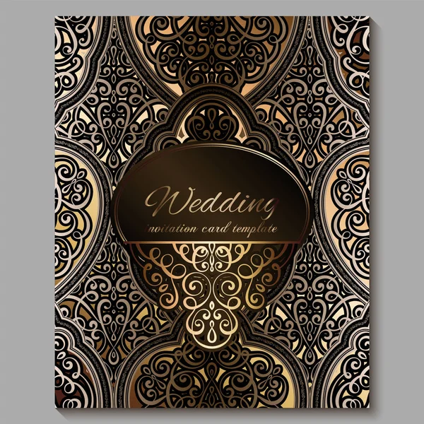 Tarjeta de invitación de boda con oro brillante follaje rico oriental y barroco. Fondo islámico adornado de bronce real para su diseño. Islam, árabe, indio, Dubai . — Vector de stock
