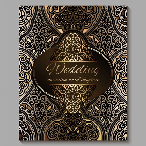 Hochzeitseinladungskarte mit goldglänzendem orientalischem und barockem Blattwerk. königliche Bronze verziert islamischen Hintergrund für Ihr Design. Islam, Arabisch, Indisch, Dubai. — Stockvektor