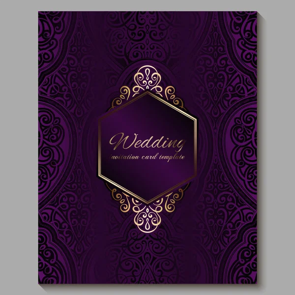 Cartão de convite de casamento com ouro brilhante oriental e barroco rica folhagem. Royal roxo Ornate fundo islâmico para o seu projeto. Islã, árabe, indiano, Dubai . — Vetor de Stock