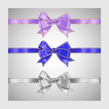 Altın ve gümüş glitter parlak çizgili üç gerçekçi beyaz, lavanta leylak renk ve mavi ipek kurdele yay, dekorasyon, promosyon, advetrisment, satış için vektör illüstrasyon seti