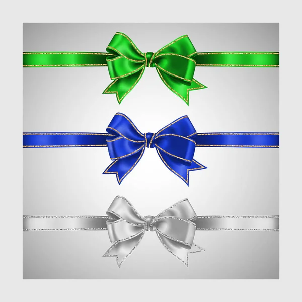 一套逼真的白色，绿色和蓝色的丝带蝴蝶结与金银闪闪发光的光泽条纹，矢量插图装饰，促销，装饰，销售或庆祝横幅或卡片 — 图库矢量图片