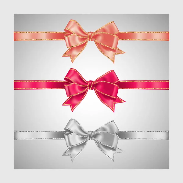 一套三个逼真的白色，桃色和粉红色的丝带蝴蝶结与金银闪闪发光的光泽条纹，矢量插图装饰，促销，装饰，销售或庆祝横幅 — 图库矢量图片