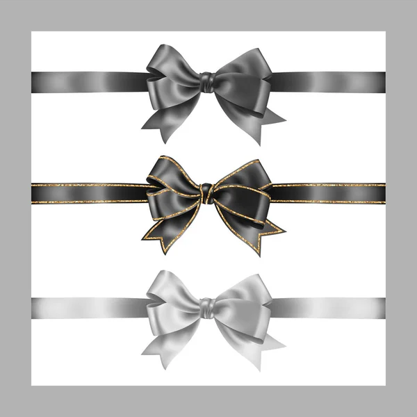 Set of three realistic gray black and white silk ribbon bow with gold glitter shiny stripes, vector illustration elements isolated on white, for decoration, promotion, advetrisment — Stock Vector