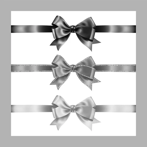 Set van drie realistische witte, grijze en zwarte satijnen lint Bow met zilver glitter glanzende strepen, vector illustratie voor decoratie, promotie, advetrisment, verkoop of viering banner of kaart — Stockvector