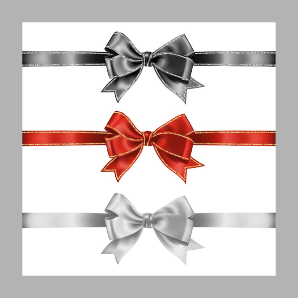 Conjunto de tres realistas blanco, rojo y negro lazo de la cinta de seda con rayas brillantes brillo oro y plata, ilustración vectorial para la decoración, promoción, advetrisment, venta o celebración banner o tarjeta — Vector de stock