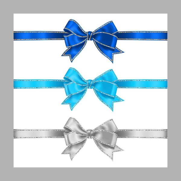 Set of three realistic white blue and azure silk ribbon bow with gold and silver glitter shiny stripes, vector illustration for decoration, promotion, advetrisment, sale or celebration banner or card — Stock Vector