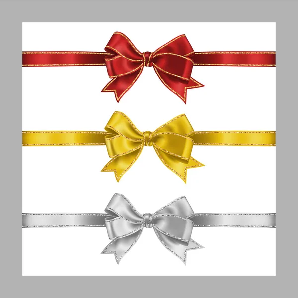 Conjunto de três arco de fita de seda branco, amarelo e vermelho realista com listras brilhantes brilho ouro e prata, ilustração vetorial para decoração, promoção, advetrisment, venda ou celebração banner ou cartão — Vetor de Stock