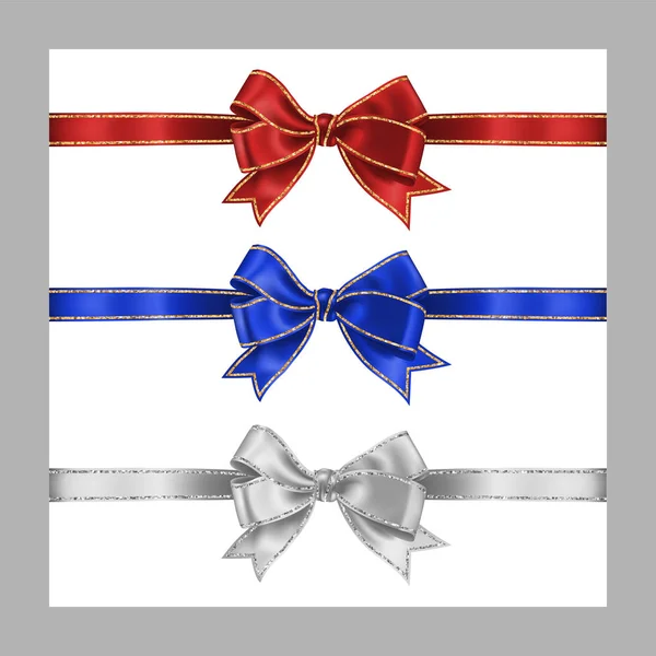 Set of three realistic white, blue and red silk ribbon bow with gold and silver glitter shiny stripes, vector illustration for decoration, promotion, advetrisment, sale or celebration banner or card — Stock Vector