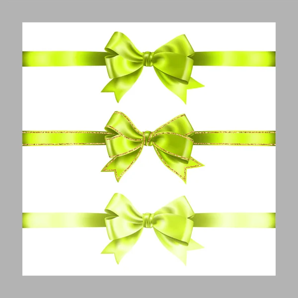 Set van drie realistische licht groene satijnen lint Bow met gouden glitter glanzende strepen, vector illustratie elementen geïsoleerd op wit, voor decoratie, promotie, advetrisment, verkoop of viering — Stockvector