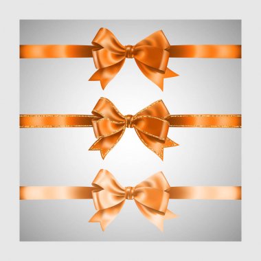 Altın glitter parlak çizgili üç gerçekçi turuncu ipek kurdele yay seti, vektör illüstrasyon elemanları, dekorasyon için, promosyon, advetrisment, satış veya kutlama afiş veya kart