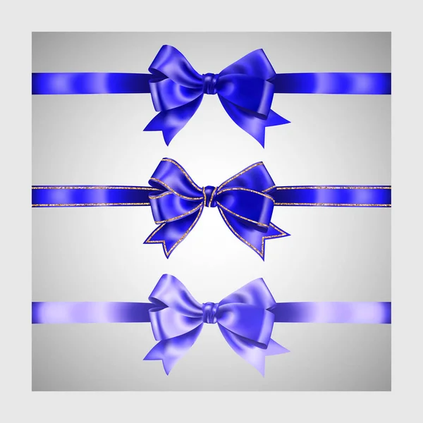 Set di tre fiocchi di seta blu ricchi realistici con strisce lucide scintillanti in oro, elementi di illustrazione vettoriale, per decorazione, promozione, avanzamento, vendita o celebrazione banner o carta — Vettoriale Stock