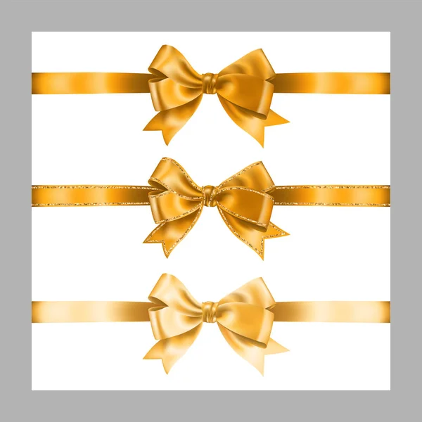 Set of three realistic golden silk ribbon bow with gold glitter shiny stripes, vector illustration elements isolated on white, for decoration, promotion, advetrisment, sale or celebration banner — Stock Vector