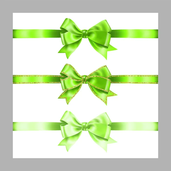 一套三个逼真的格子绿色丝带蝴蝶结与金色闪闪发光的条纹，矢量插图元素隔离在白色上，用于装饰，促销，装饰，销售或庆祝 — 图库矢量图片