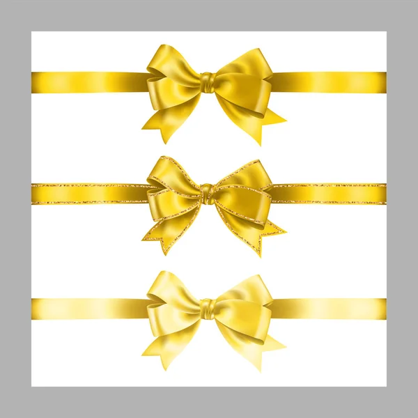 Set of three realistic yellow golden silk ribbon bow with gold glitter shiny stripes, vector illustration elements isolated on white, for decoration, promotion, advetrisment,sale or celebration banner — Stock Vector