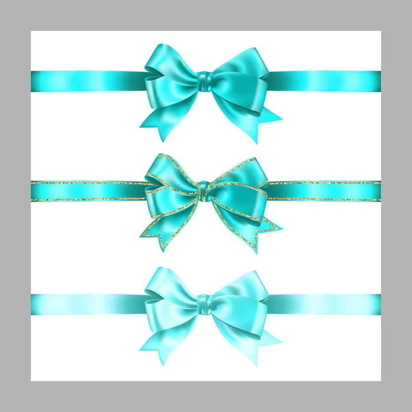 Set van drie realistische Azure Silk Ribbon Bow met gouden glitter glanzende strepen, vector illustratie elementen geïsoleerd op wit, voor decoratie, promotie, advetrisment, verkoop of viering banner of kaart — Stockvector