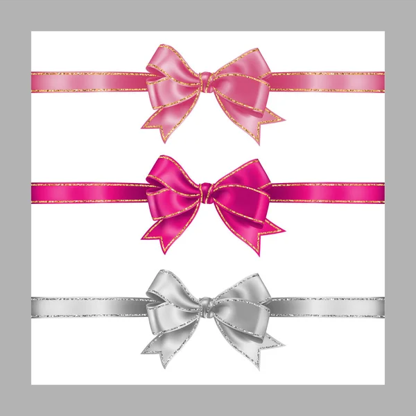 Set of three realistic white and pink silk ribbon bow with gold and silver glitter shiny stripes, vector illustration for decoration, promotion, advetrisment, sale or celebration banner or card — Stock Vector