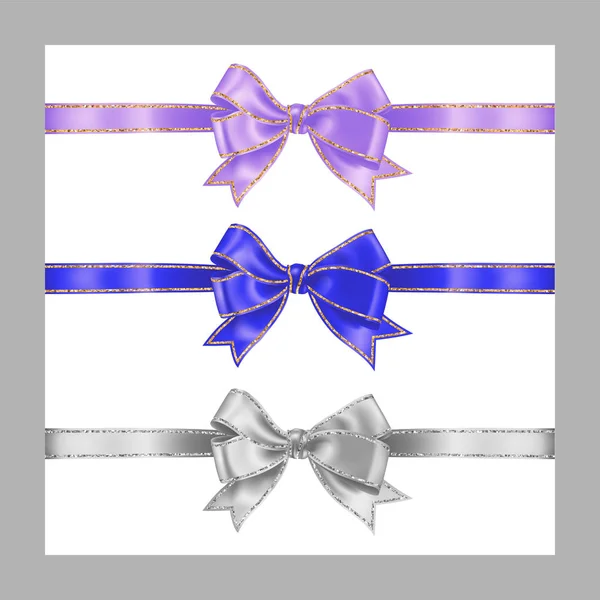 Set of three realistic white, lavender lilac color and blue silk ribbon bow with gold and silver glitter shiny stripes, vector illustration for decoration, promotion, advetrisment, sale — Stock Vector