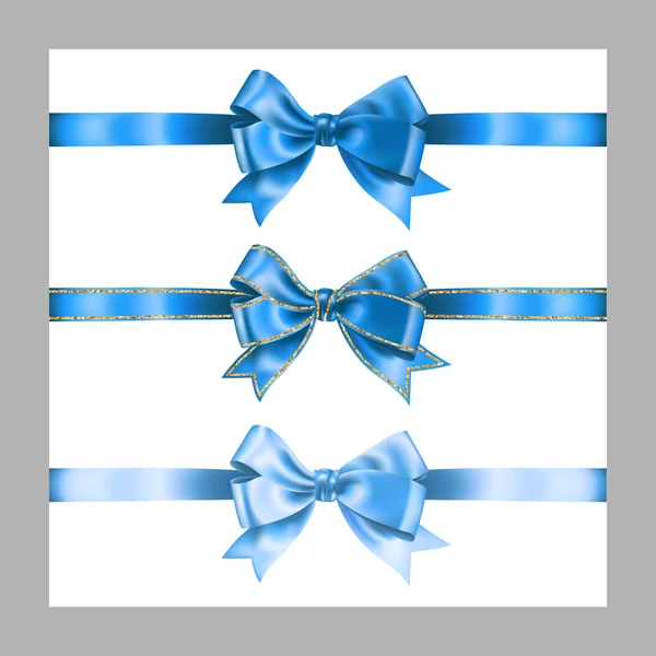 Set of three realistic blue silk ribbon bow with gold glitter shiny stripes, vector illustration elements isolated on white, for decoration, promotion, advetrisment,sale or celebration banner or card — Stock Vector