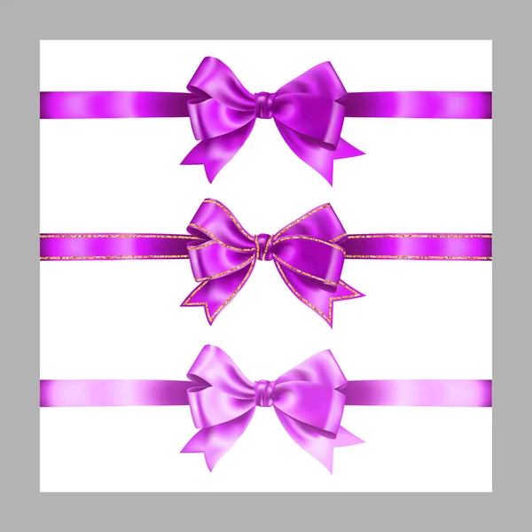 Set van drie realistische roze Violet Silk Ribbon Bow met gouden glitter glanzende strepen, vector illustratie elementen geïsoleerd op wit, voor decoratie, promotie, advetrisment, verkoop of viering banner — Stockvector
