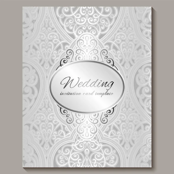 Wedding invitation card with silver shiny eastern and baroque rich foliage. Intricate Ornate islamic background for your design. Islam, Arabic, Indian, Dubai. — Stock Vector