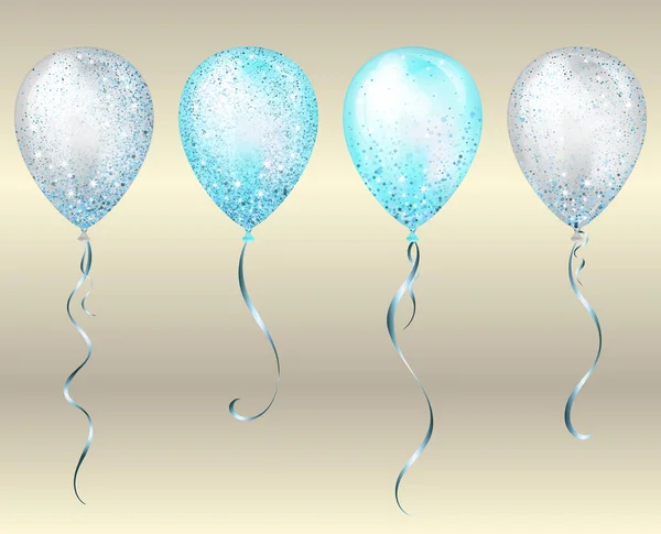 Altın şerit ve Glitter parıltı ile parlak mavi parlak gerçekçi 3D helyum balonlar uçan, Doğum günü partisi broşürler, davetiye veya bebek duş için mükemmel dekorasyon — Stok Vektör