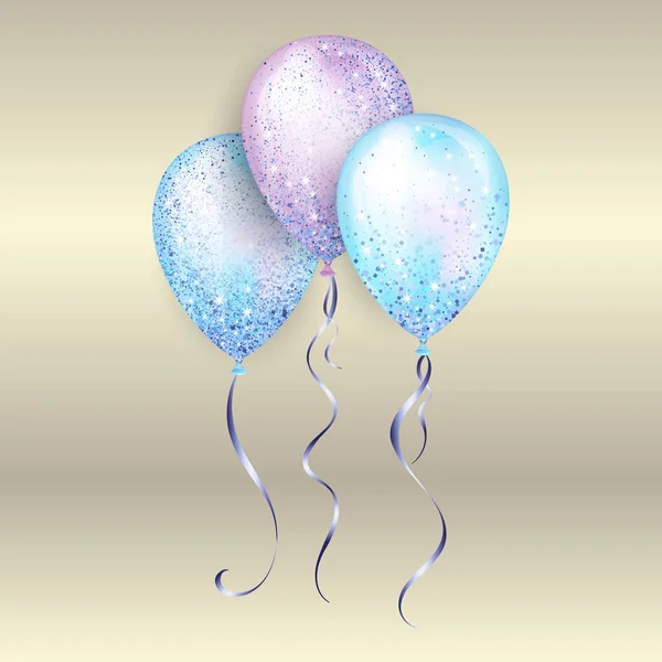 Globos de helio 3D realistas brillantes, azules y púrpuras con cinta dorada y destellos de brillo, decoración perfecta para folletos de fiestas de cumpleaños, tarjetas de invitación o baby shower — Archivo Imágenes Vectoriales