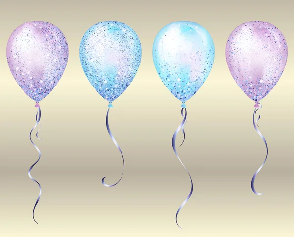 Voando glossyblue e roxo brilhante balões de hélio 3D realistas com fita de ouro e brilho brilhos, decoração perfeita para folhetos de festa de aniversário, cartão de convite ou chá de bebê —  Vetores de Stock