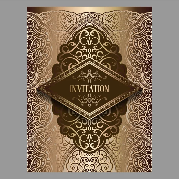 Esküvői meghívó bronz és arany csillogó keleti és barokk gazdag lombozat. Díszes iszlám hátteret a design. Iszlám, Arab, indiai, Dubai. — Stock Vector