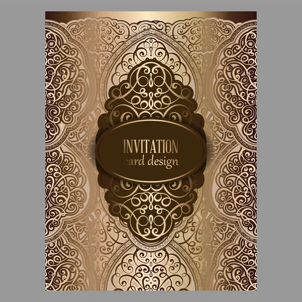 Wedding invitation card with bronze and gold shiny eastern and baroque rich foliage. Ornate islamic background for your design. Islam, Arabic, Indian, Dubai. — Stock Vector