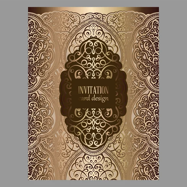 Wedding invitation card with bronze and gold shiny eastern and baroque rich foliage. Ornate islamic background for your design. Islam, Arabic, Indian, Dubai. — Stock Vector